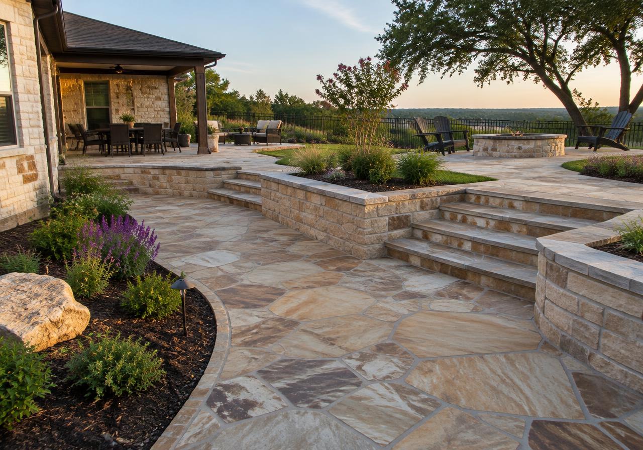 Illustrative stone patio with retaining walls and steps in a backyard