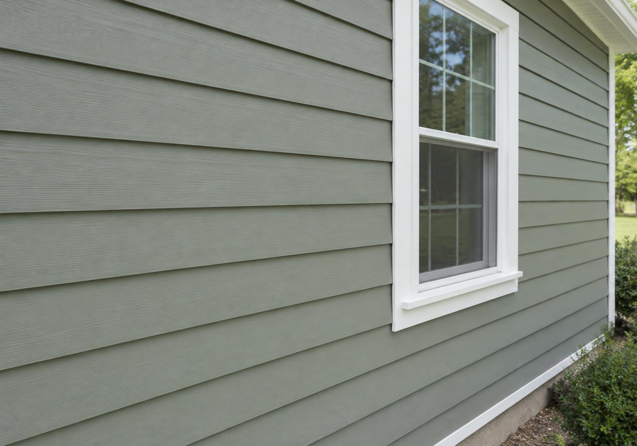 Illustrative lap siding on a home exterior with white window trim